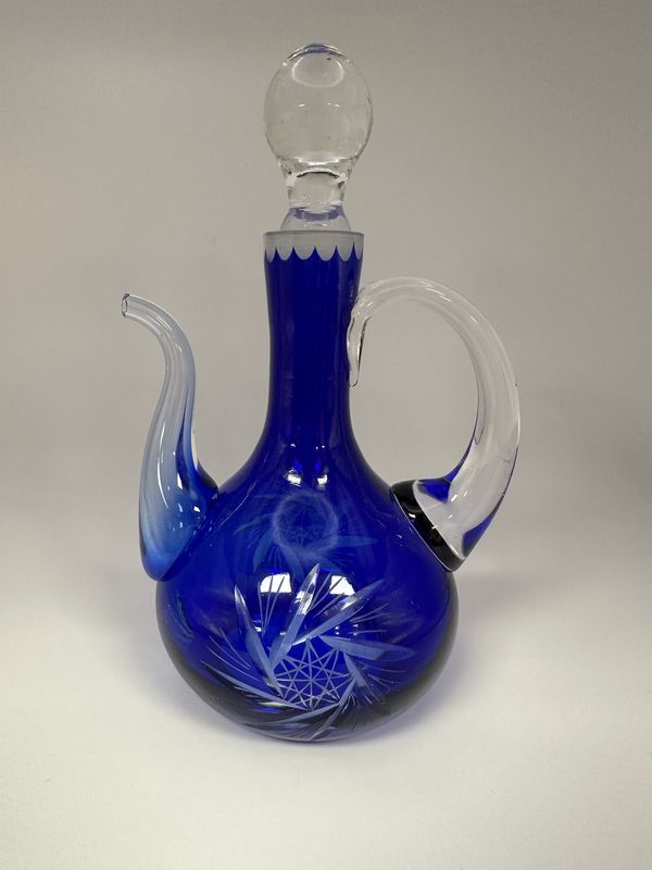Glass. Czech Republic. Cruet. Cobalt Blue, Cut-to-Clear. 7&quot;H