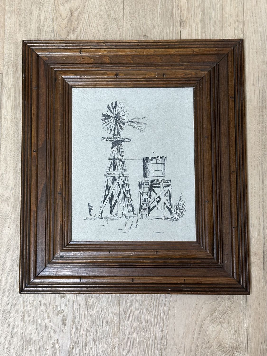 Artwork. Windmill and Water Tower, Printed on Suede. Beveled Wood Frame. 13.5W x 15.5H