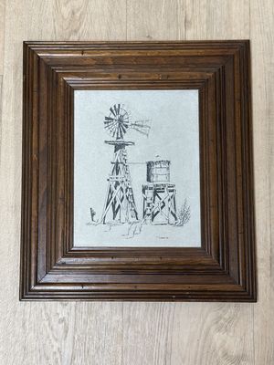 Artwork. Windmill and Water Tower, Printed on Suede. Beveled Wood Frame. 13.5W x 15.5H
