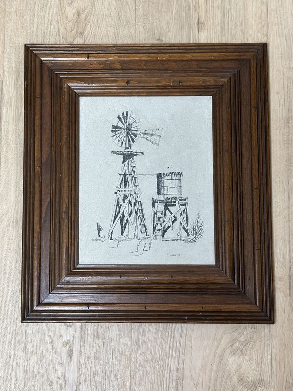 Artwork. Windmill and Water Tower, Printed on Suede. Beveled Wood Frame. 13.5W x 15.5H