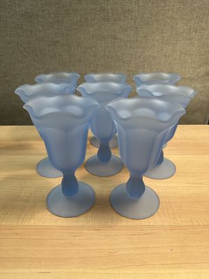 Glass. USA. Indiana Glass. Frosted Blue Satin Vintage Parfait Glasses. 6.25"H (Set of 8)