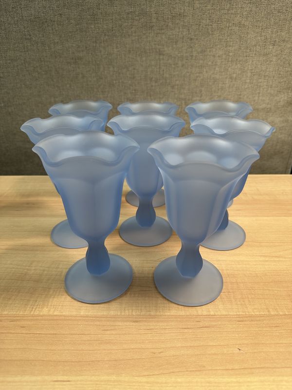 Glass. USA. Indiana Glass. Frosted Blue Satin Vintage Parfait Glasses. 6.25&quot;H (Set of 8)