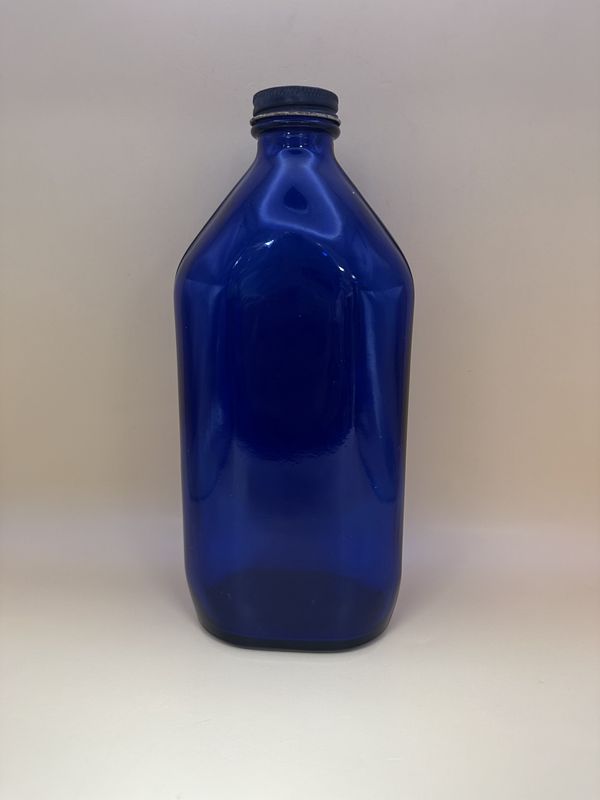 Glass. USA. Phillips Milk of Magnesia Cobalt Blue Bottle w/Lid. Late 1960s. 8.75&quot;H