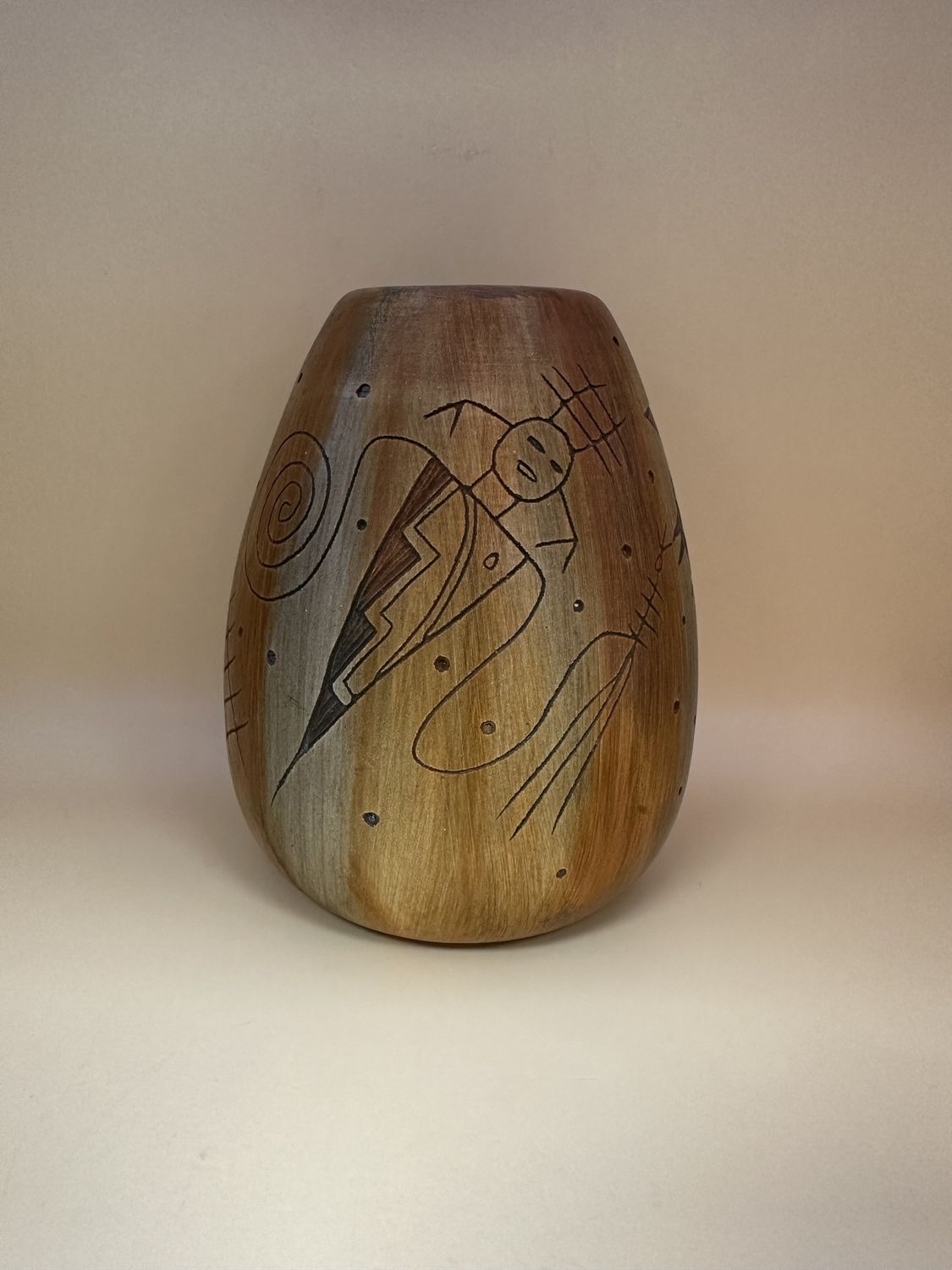 Ceramic &amp; Wood. USA. James Benally. Navajo Hand Etched Ceramic-Lined Wood Vase with Hand-Carving. 4.5&quot;W x 5.5&quot;H