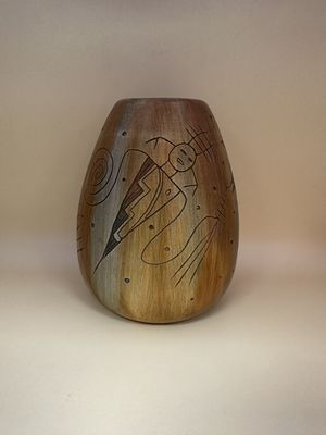 Ceramic &amp; Wood. USA. James Benally. Navajo Hand Etched Ceramic-Lined Wood Vase with Hand-Carving. 4.5"W x 5.5"H