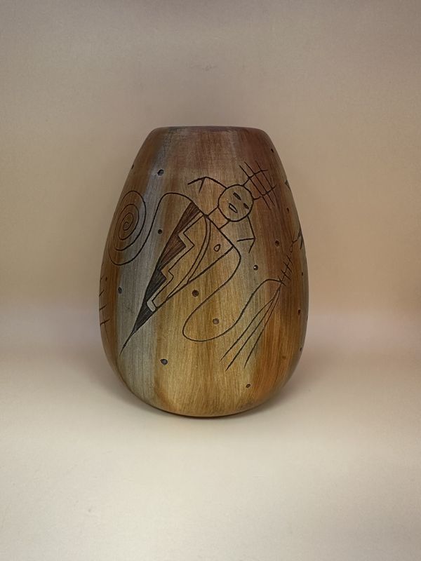 Ceramic &amp; Wood. USA. James Benally. Navajo Hand Etched Ceramic-Lined Wood Vase with Hand-Carving. 4.5&quot;W x 5.5&quot;H