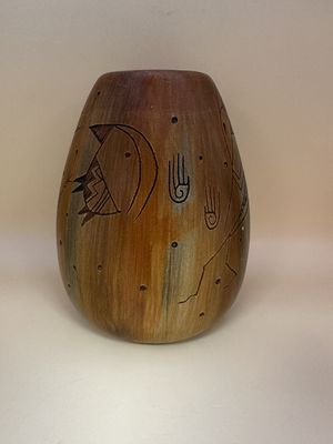 Ceramic &amp; Wood. USA. James Benally. Navajo Hand Etched Ceramic-Lined Wood Vase with Hand-Carving. 4.5"W x 5.5"H