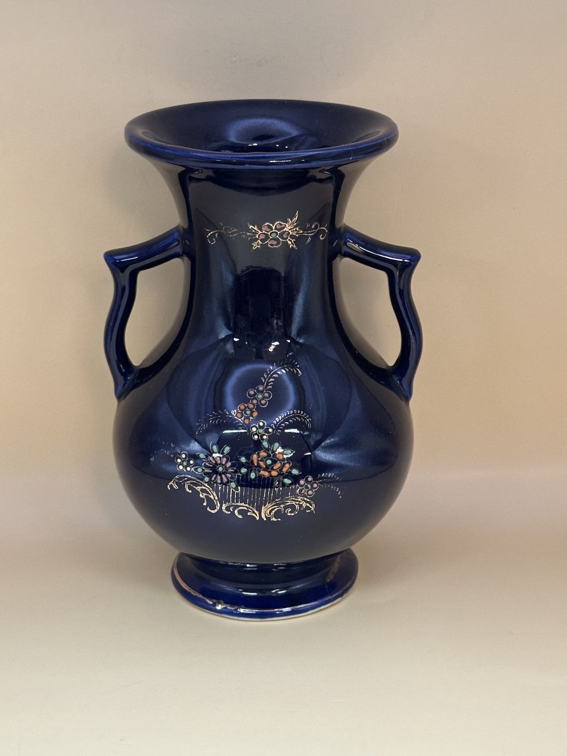 Ceramic. Japan. Vase with Double Handles &amp; Hand-Painted Flowers. Vintage. Cobalt Blue. 6.75&quot;H