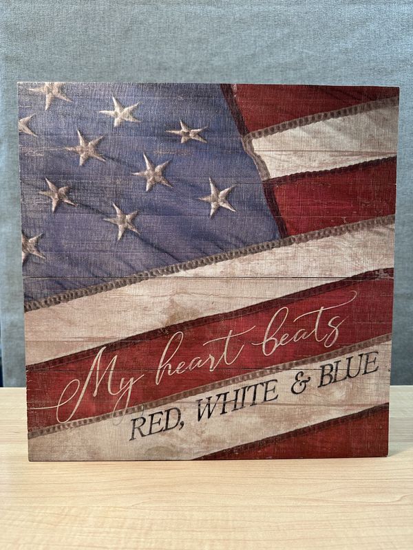 Artwork. USA. American Flag Print on Wood Planks. &quot;My Heart Beats RED, WHITE, &amp; BLUE&quot;. 14&quot;W x 14.25&quot;H