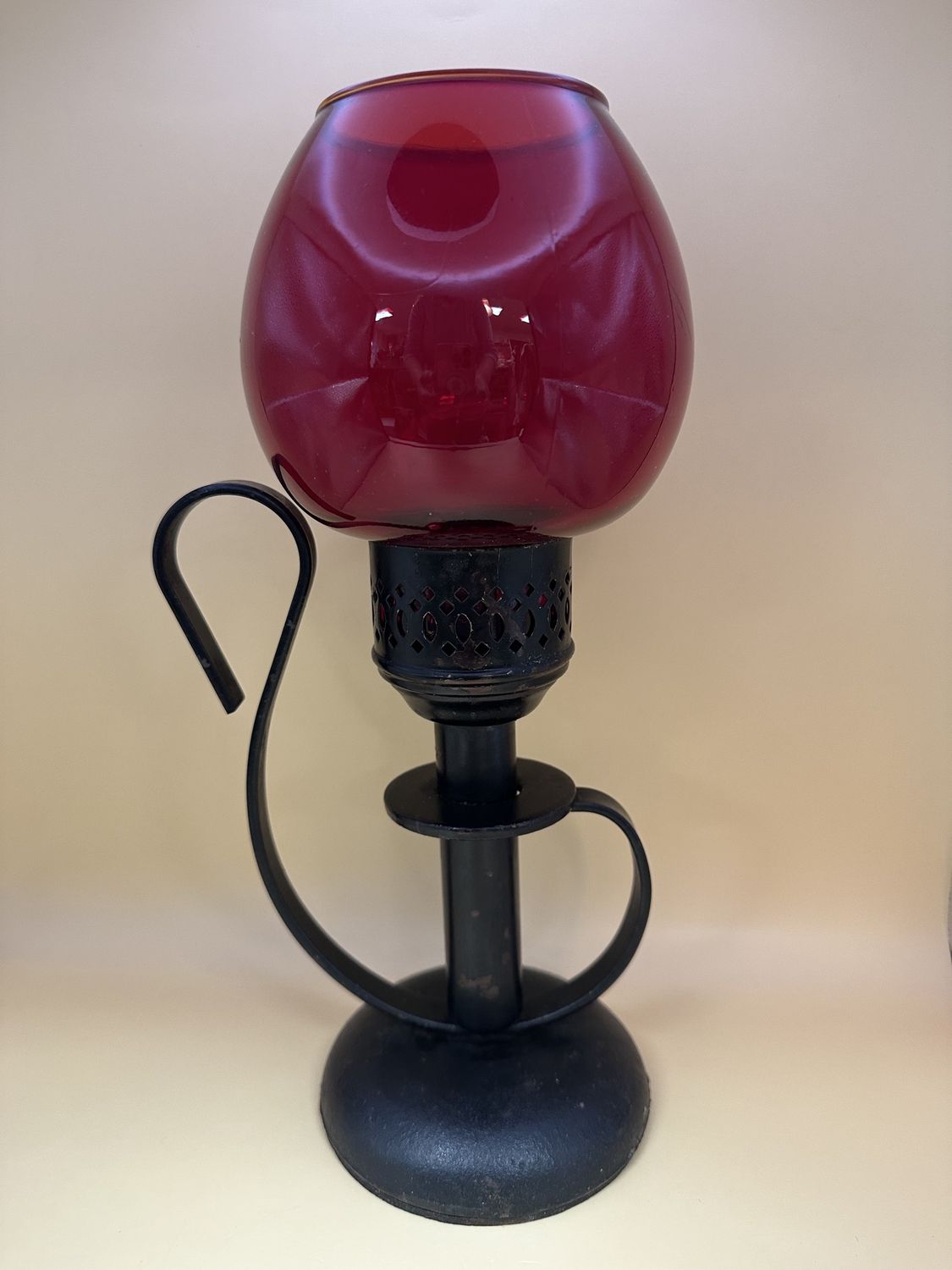Home &amp; Bath. Wrought Iron Candleholder w/Shade. Black Metal &amp; Red Glass. 11.5&quot;H