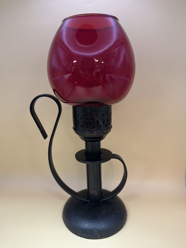 Home &amp; Bath. Wrought Iron Candleholder w/Shade. Black Metal &amp; Red Glass. 11.5&quot;H