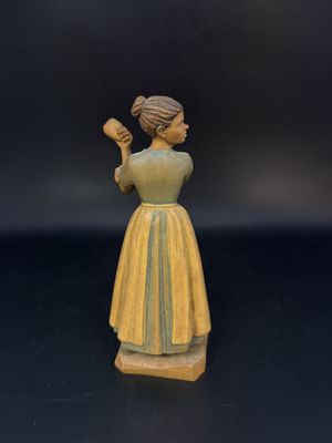 Figurine. Wood. Italy. Anri. Woman in Apron Holding Half-Eaten Apple. 5"H