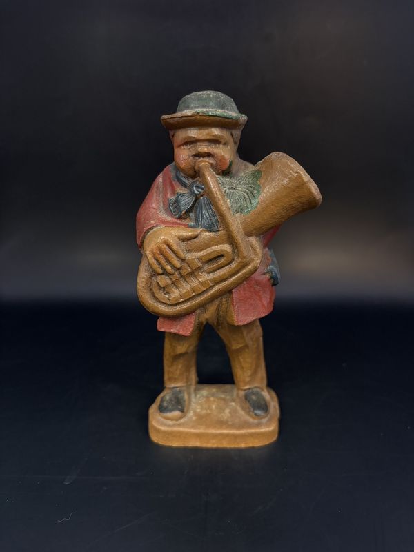 Figurine. Wood. Italy. Anri. Man in Bowler Hat Playing Tuba. 6&quot;H