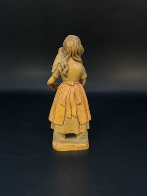 Figurine. Wood. Italy. Anri. Girl in Apron with Bird on Shoulder Holding Bowl. 5"H