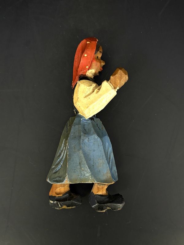 Figurine. Wood. Italy. Anri. Woman with Red Head Scarf Lifting Hand. 4&quot;H