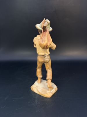 Figurine. Wood. Italy. Anri. Boy with Hiking Stick/Bag and Hat. 5"H