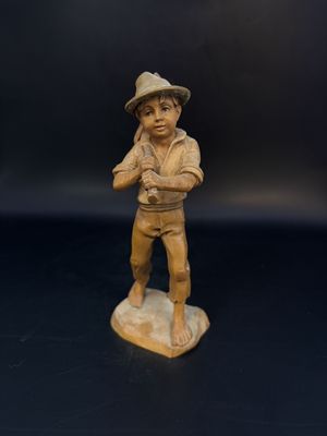 Figurine. Wood. Italy. Anri. Boy with Hiking Stick/Bag and Hat. 5"H