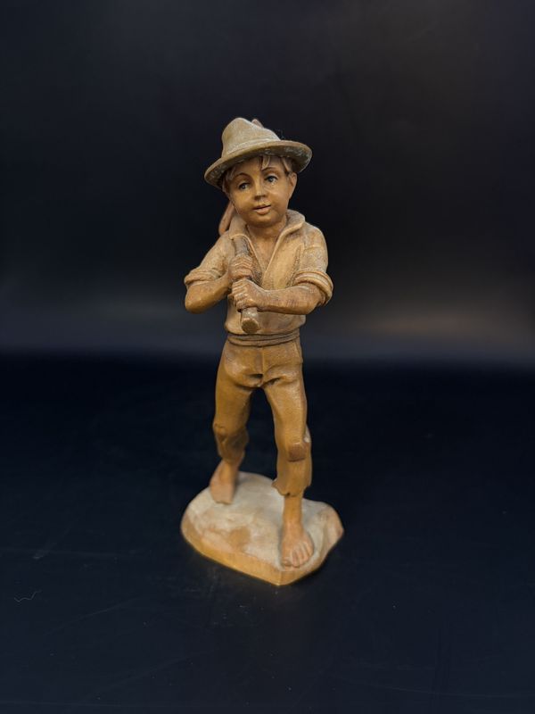 Figurine. Wood. Italy. Anri. Boy with Hiking Stick/Bag and Hat. 5&quot;H