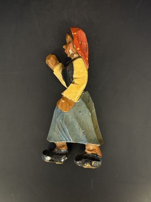 Figurine. Wood. Italy. Anri. Woman with Red Head Scarf Lifting Hand. 4"H
