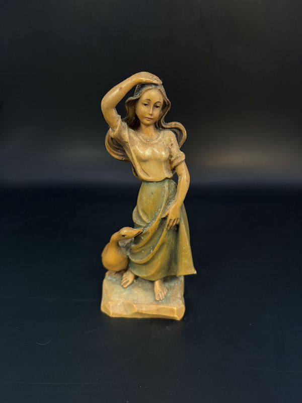 Figurine. Wood. Italy. Anri. Woman with Goose. 5&quot;H