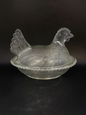 Glass. USA. Indiana Glass. Hen on Nest. Clear. 7"L