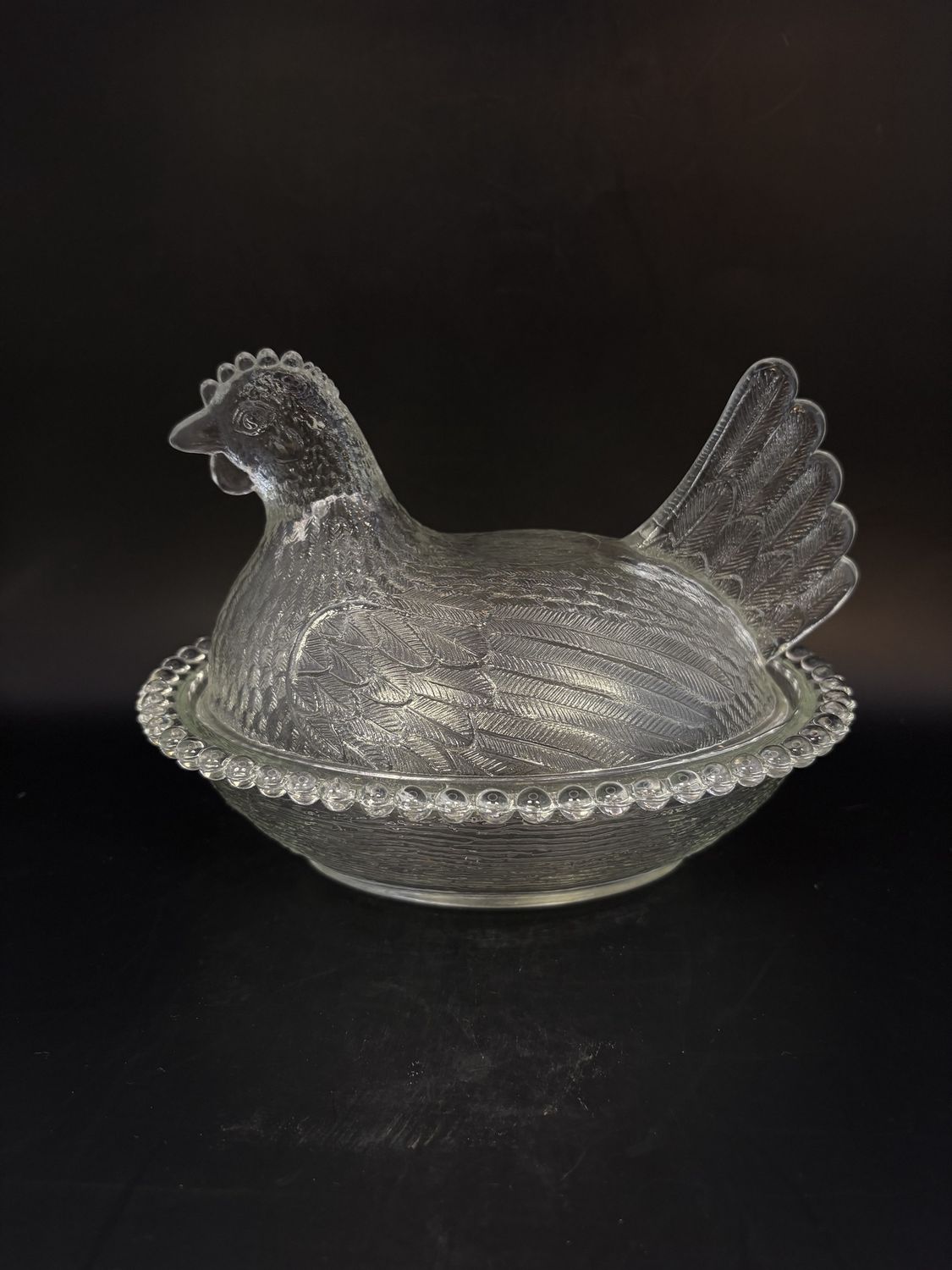 Glass. USA. Indiana Glass. Hen on Nest. Clear. 7&quot;L