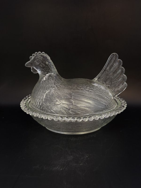 Glass. USA. Indiana Glass. Hen on Nest. Clear. 7&quot;L