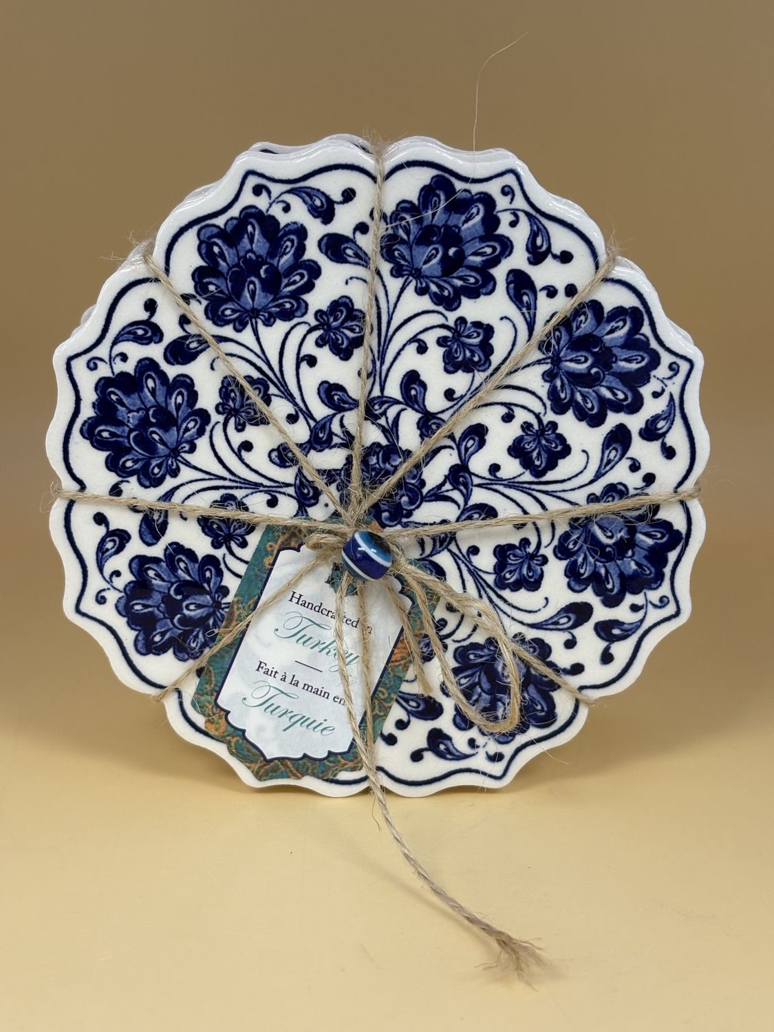 Housewares. Turkey. Ceramic Drink Coasters w/Scalloped Edge. Floral Pattern (Set of 4). 4.5"W