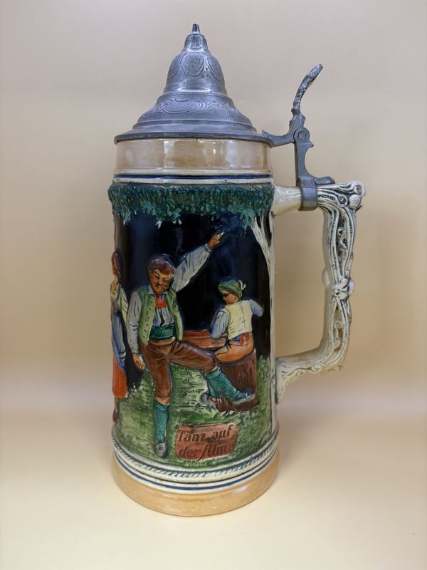 Stein. German. &quot;Dance on the Mountain Pasture&quot; with Pewter Lid. 11&quot;H