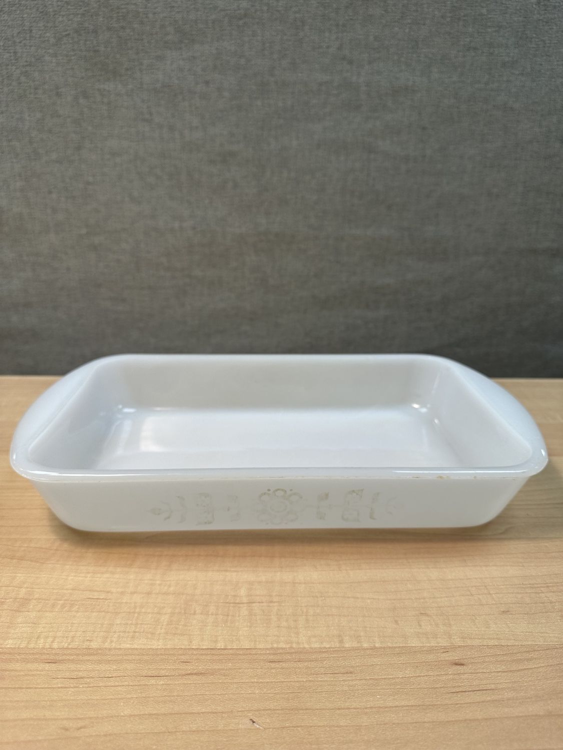 Casserole Dish. USA. Glasbake. White w/Light Green Floral Pattern on Sides. 14&quot;W x 8.25&quot;L