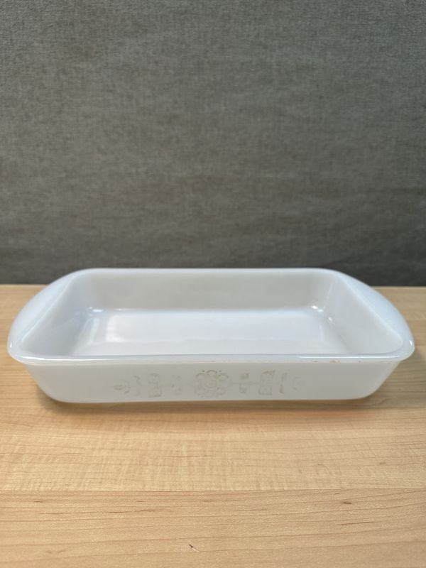 Casserole Dish. USA. Glasbake. White w/Light Green Floral Pattern on Sides. 14&quot;W x 8.25&quot;L
