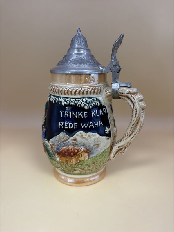 Stein. West Germany. Dancing Couple with Caption &quot;Trinke Klar Rede Wahr&quot; with Pewter Lid. 7&quot;H