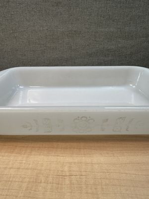Casserole Dish. USA. Glasbake. White w/Light Green Floral Pattern on Sides. 14"W x 8.25"L