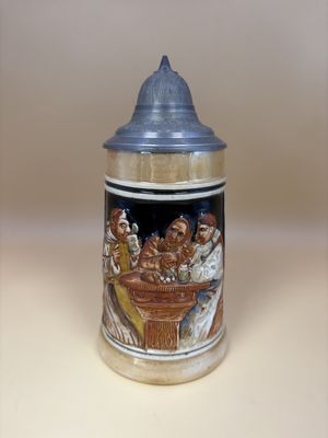 Stein. Germany. Three Men Drinking with Barrel Decoration on Sides and Pewter Lid. 7"H