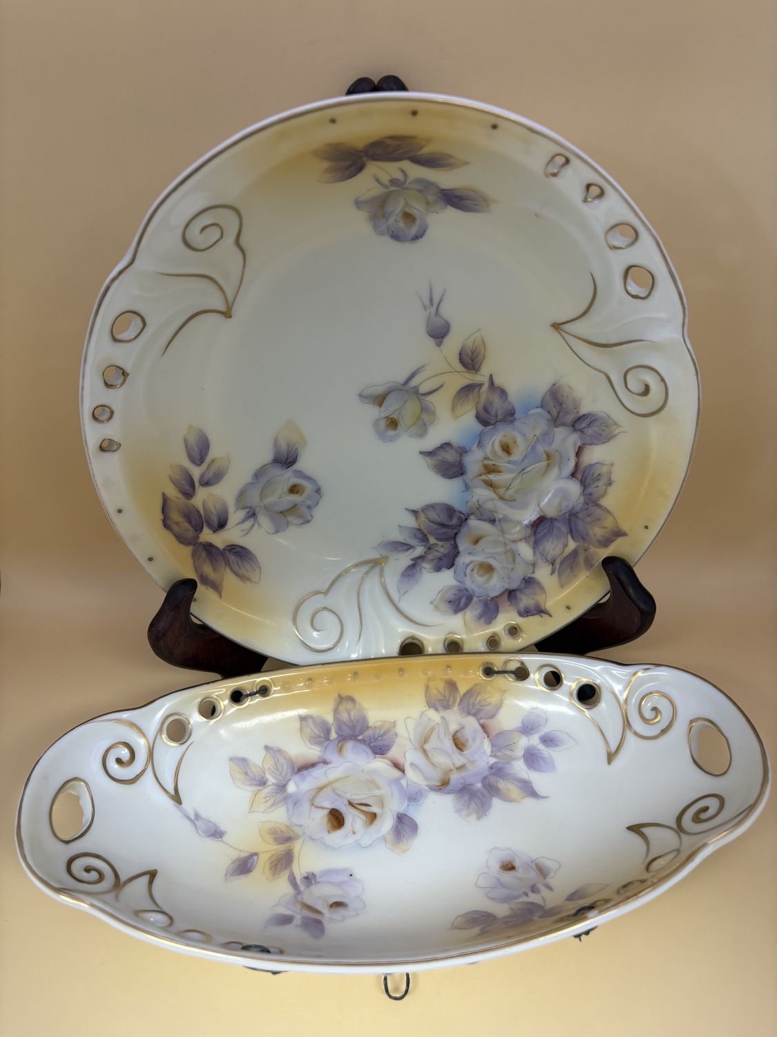 Porcelain. USA. Enesco. Two Piece Set. Oval and Circular Serving Dishes. Yellow w/Purple Flowers. Gold Trim. 9.5&quot;W 8.25&quot;W