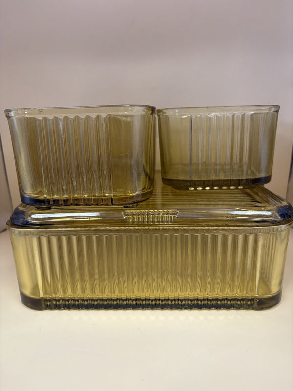 Glass. USA. Federal Glass. Amber Ribbed Refrigerator Dishes (Set of 3). 1940s. 8.5&quot;W, 4&quot;W, 4&quot;W