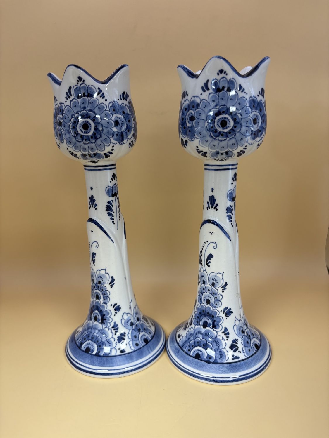 Porcelain. The Netherlands. Delft Blue. Set of Two Candlesticks. White with Blue Floral Decoration. 8.5&quot;H