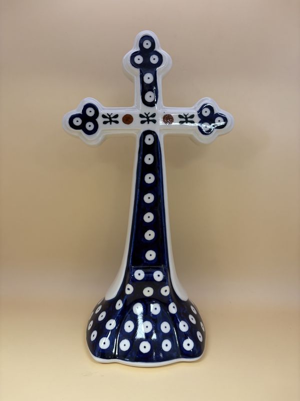 Polish Pottery. Poland. Boleslaweic. Cross. Blue w/White Circles. 9.5&quot;H