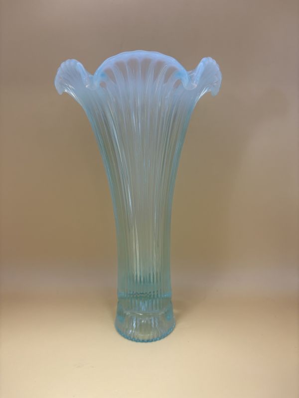 Glass. USA. Fenton. Sheffield Aquamarine Blue Opalescent Vase. Tulip Shape w/Ruffled Rim. 9.25&quot;H