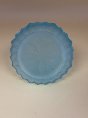 Glass. USA. I.W. Rice &amp; Co. Blue Satin Frosted Perfume Bottle w/ Floral Lid. 5.25"H