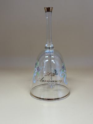 Glass. USA. Fenton. 50th Anniversary Bell. Purple and Blue Floral Accents. 6"H