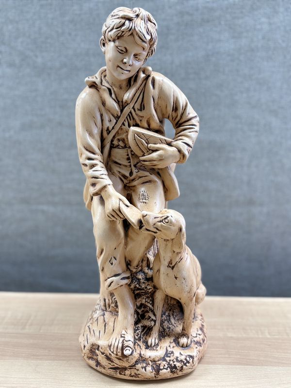 Ceramic. Netherlands. Holland Mold. Boy Feeding Dog. Tan. 17&quot;H