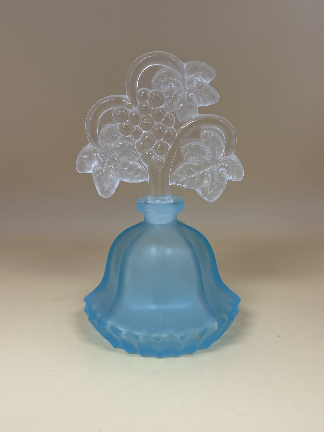 Glass. USA. I.W. Rice &amp; Co. Blue Satin Frosted Perfume Bottle w/ Floral Lid. 5.25&quot;H