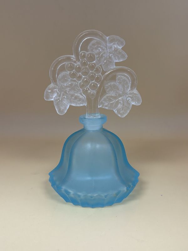 Glass. USA. I.W. Rice &amp; Co. Blue Satin Frosted Perfume Bottle w/ Floral Lid. 5.25&quot;H