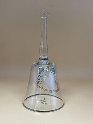 Glass. USA. Viking. 25th Anniversary Bell. Art of Hands Holding w/ White and Blue Floral Accents. "Happiness Today and Always" at Bottom.
