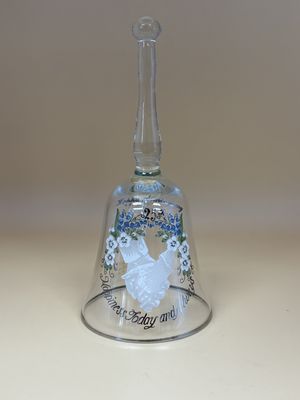Glass. USA. Viking. 25th Anniversary Bell. Art of Hands Holding w/ White and Blue Floral Accents. "Happiness Today and Always" at Bottom.