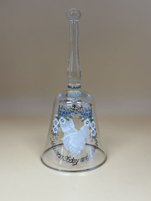 Glass. USA. Viking USA. 25th Anniversary Bell. Art of Hands Holding w/ White and Blue Floral Accents. &quot;Happiness Today and Always&quot; at Bottom.