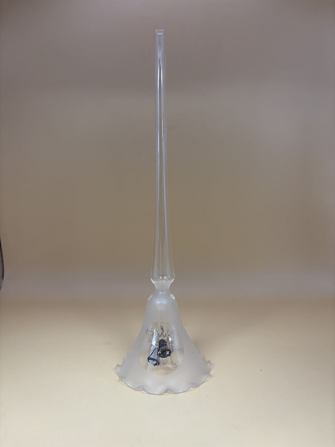 Glass. USA. Blown Glass Wedding/Anniversary Bell w/ Long Handle. Frosted Glass w/ Silver Bells &amp; Doves on Front. Ruffled Edge. 8.75&quot;H