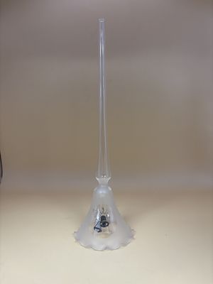 Glass. USA. Blown Glass Wedding/Anniversary Bell w/ Long Handle. Frosted Glass w/ Silver Bells &amp; Doves on Front. Ruffled Edge. 8.75"H