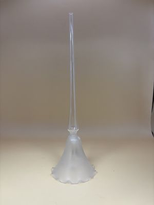 Glass. USA. Blown Glass Wedding/Anniversary Bell w/ Long Handle. Frosted Glass w/ Silver Bells &amp; Doves on Front. Ruffled Edge. 8.75"H